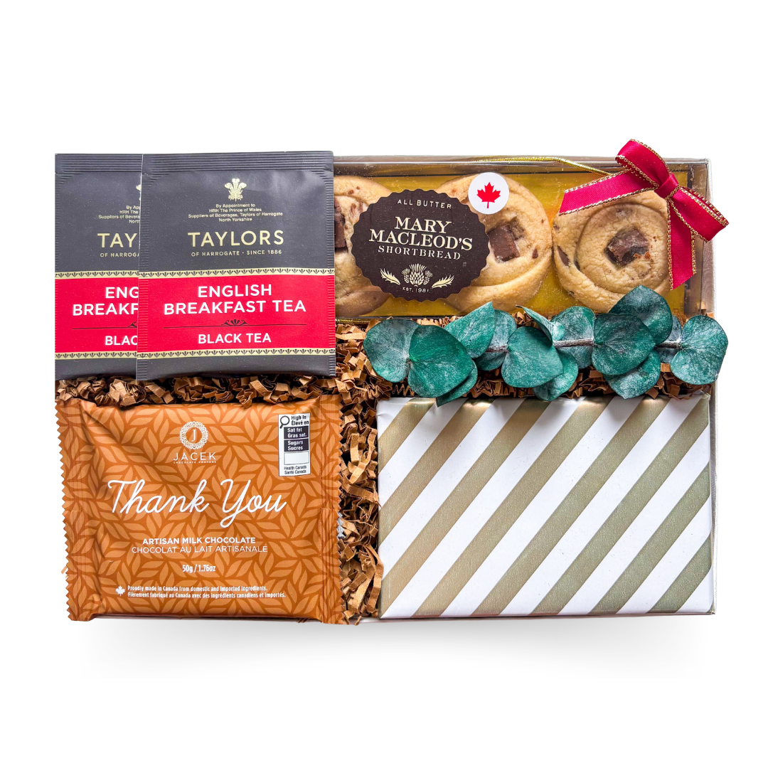 Gourmet thank you window gift box with tea and sweet treats, designed for client and appreciation gifting