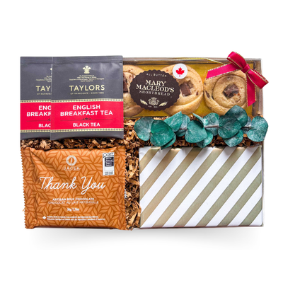 Gourmet thank you window gift box with tea and sweet treats, designed for client and appreciation gifting