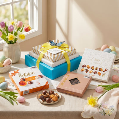 Sweet Treat Tower stacked gift with biscuits, chocolates and caramels wrapped with ribbon by Black Bow Gift Co.