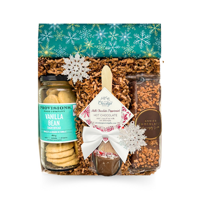 Sweet Indulgence Gift Box featuring rich chocolates, buttery shortbread, and elegant turquoise and white packaging, perfect for birthdays, thank-you gifts, and client appreciation.