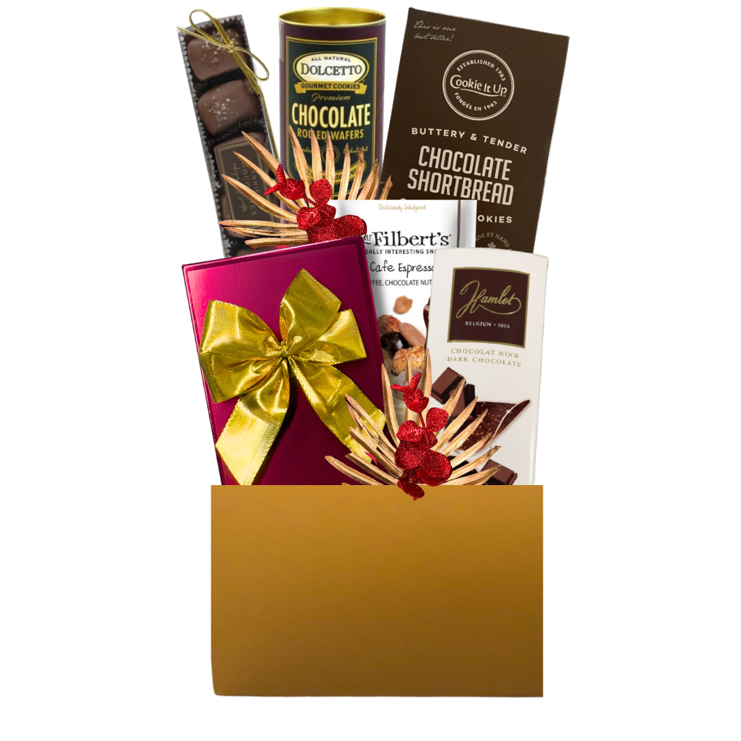 Sweetest Season Christmas gift basket with assorted chocolates, cookies, pretzels and holiday treats in an elegant gold gift container.