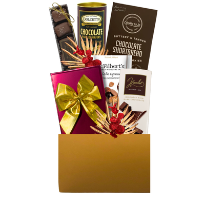 Sweetest Season Christmas gift basket with assorted chocolates, cookies, pretzels and holiday treats in an elegant gold gift container.