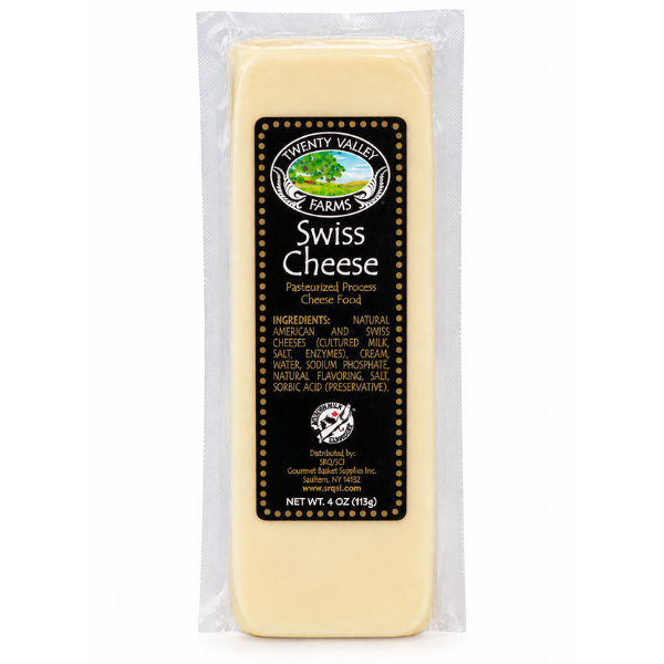 Twenty Valley shelf stable Swiss cheese in a convenient package with no refrigeration required before opening.