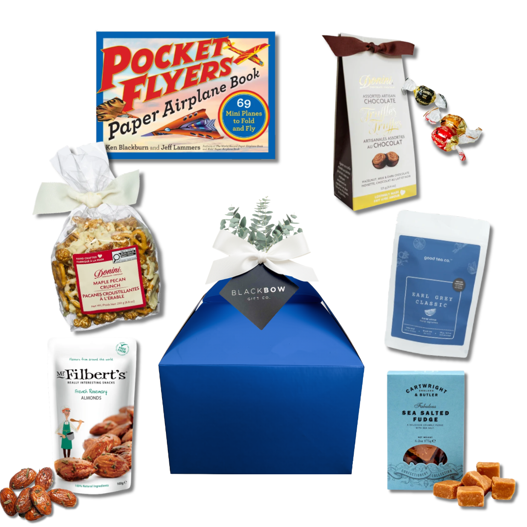 Take Five snack gift box with chocolates, maple pecan crunch, savoury snacks and a paper airplane activity book.
