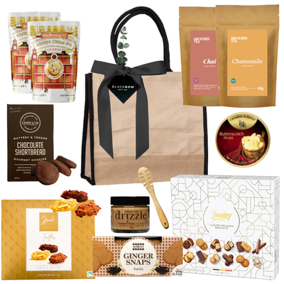 Tea Time Social gourmet gift tote with teas, biscuits, and sweets for small groups
