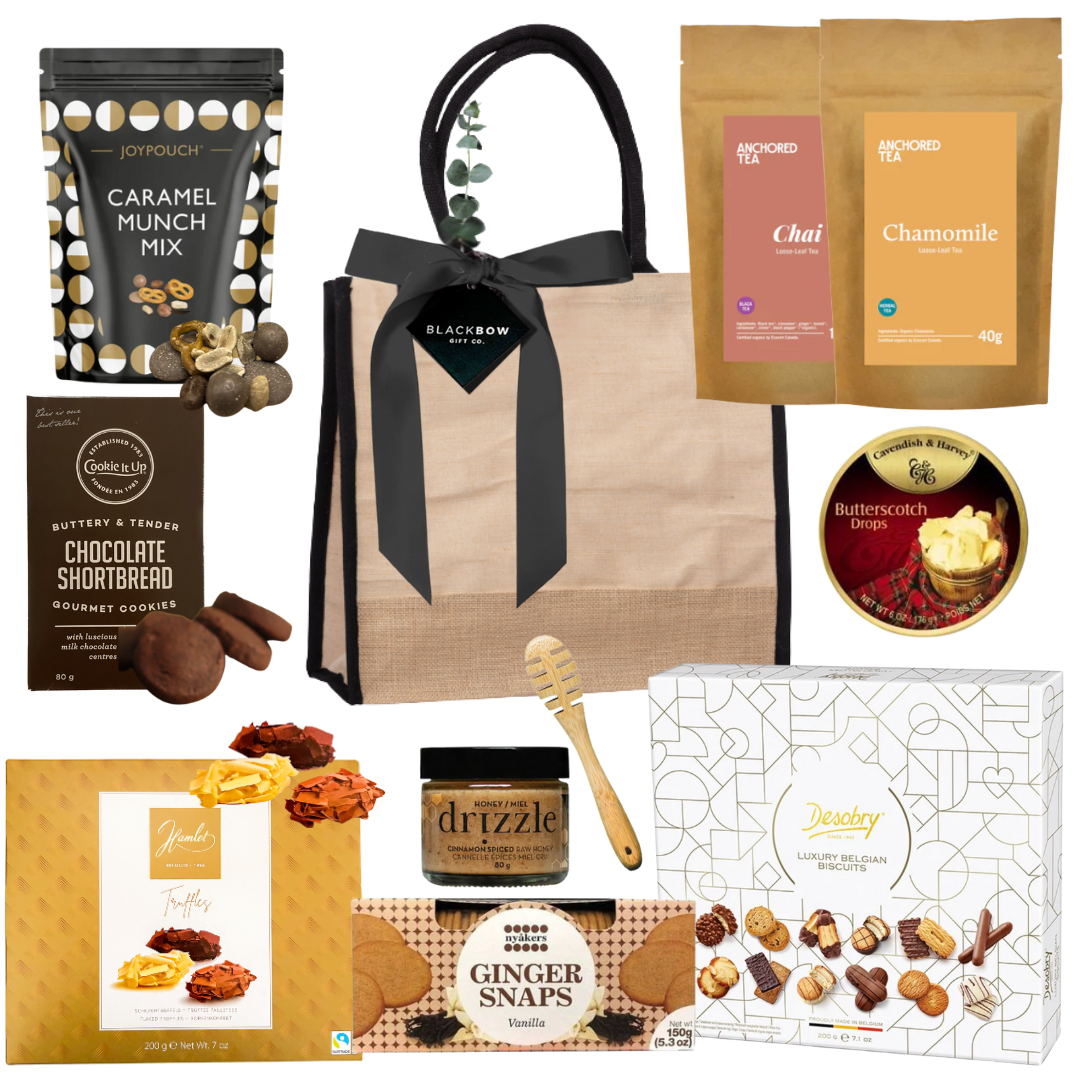 Tea Time Social gourmet gift tote with teas, biscuits, and sweets for small groups