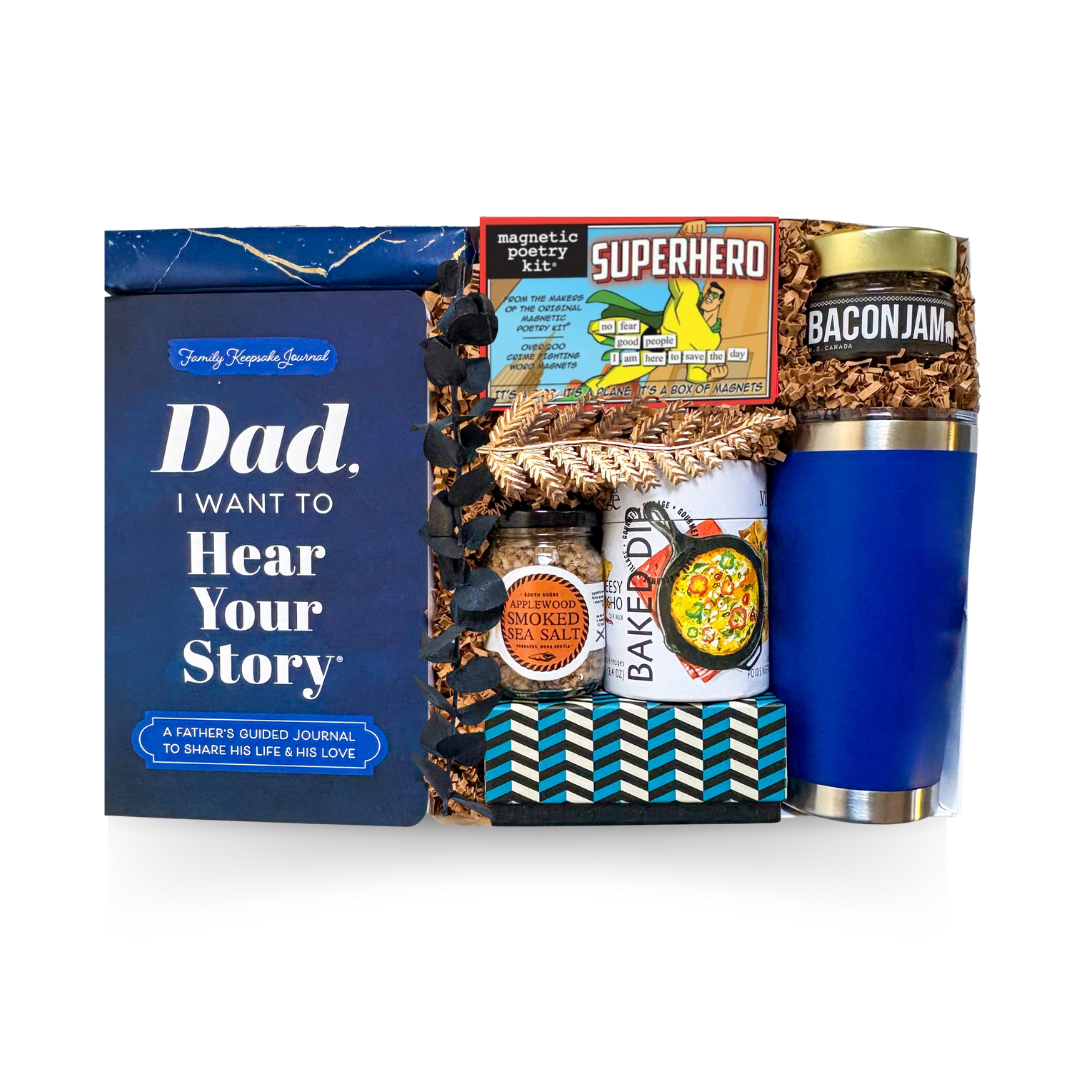 Tell Me Your Story Box with Dad or Grandpa story book, gourmet snacks, fun magnets, trivia cards, and cozy drink elements
