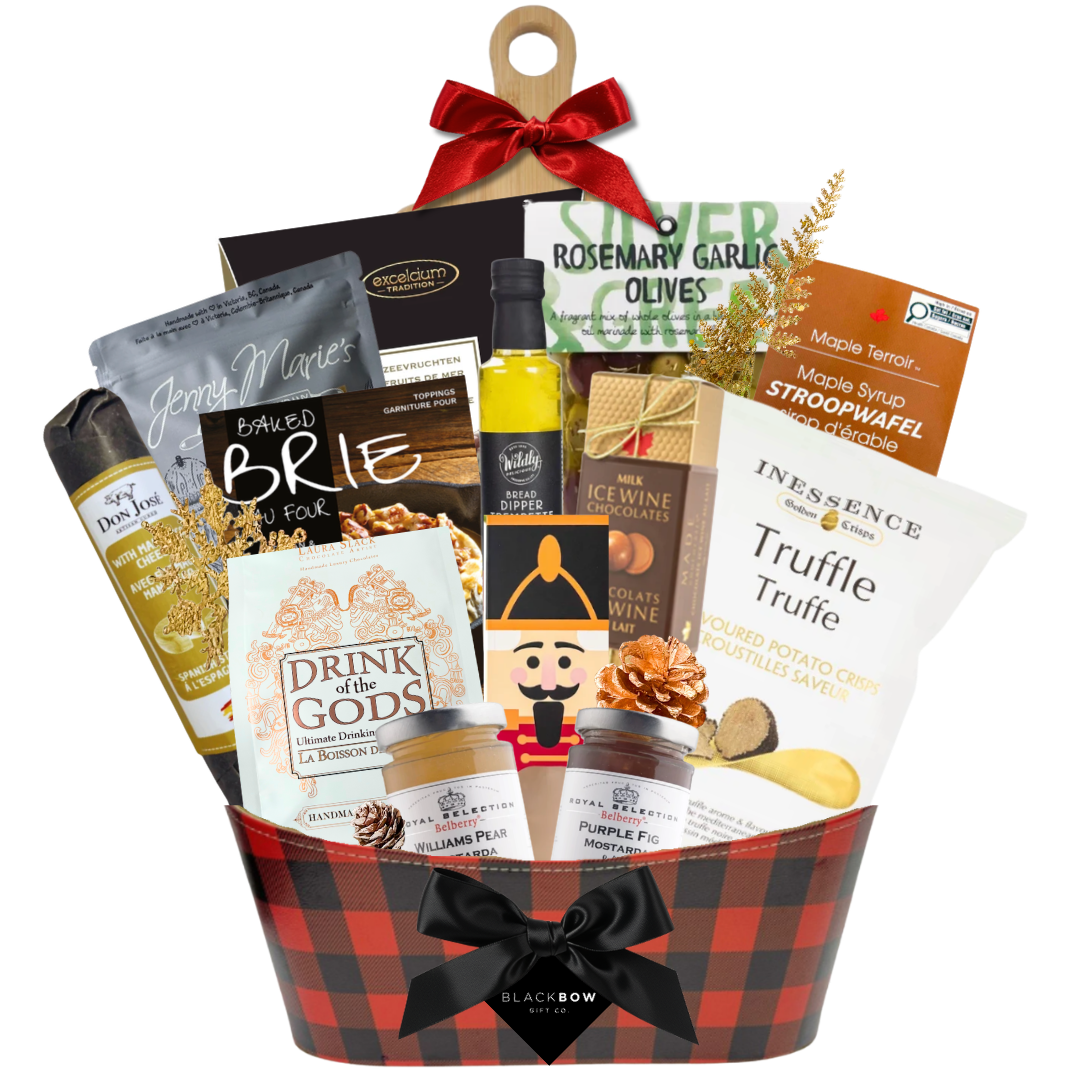 The Festive Spread Christmas gourmet gift basket in red and black buffalo plaid with truffle crisps, crackers, preserves, festive drink mix and chocolates.