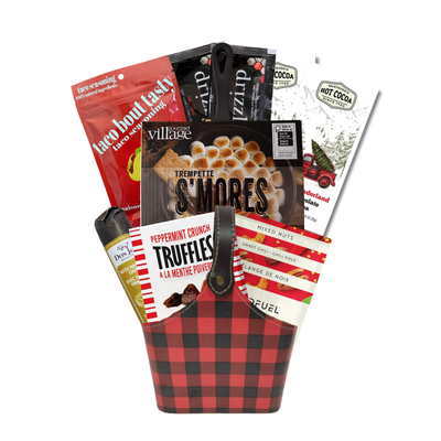 The Great Indoors gourmet gift basket featuring hot chocolate, peppermint truffles, gourmet nuts and savoury snacks in a red and black buffalo plaid keepsake basket.