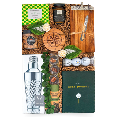 The 19th Hole golf gift box with cocktail shaker, snacks and golf accessories in an XL luxury gift box by Black Bow Gift Co.
