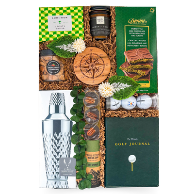 The 19th Hole golf gift box with cocktail shaker, snacks and golf accessories in an XL luxury gift box by Black Bow Gift Co.