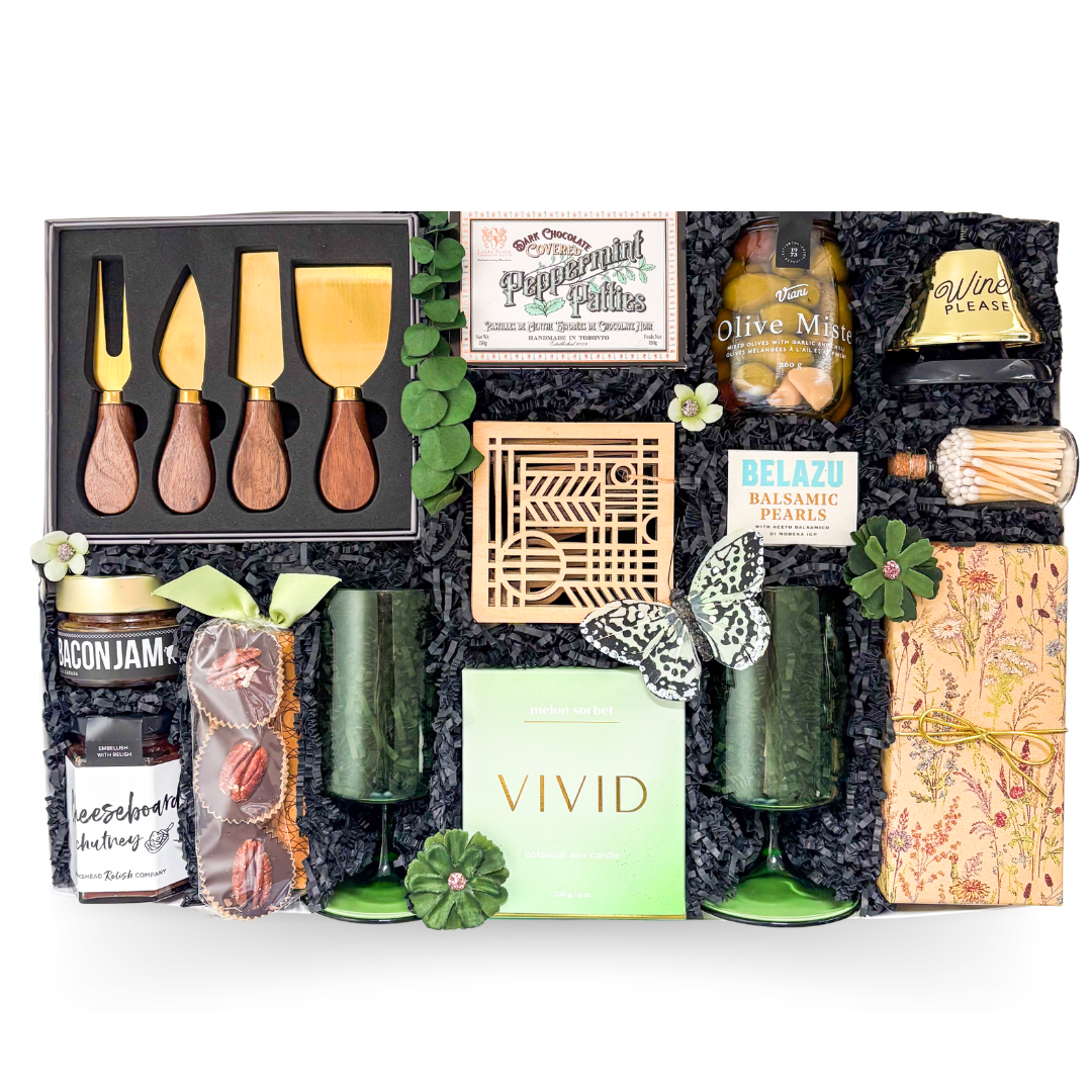 Luxury charcuterie gift box with gourmet foods, serving accessories, and grazing essentials by Black Bow Gift Co.
