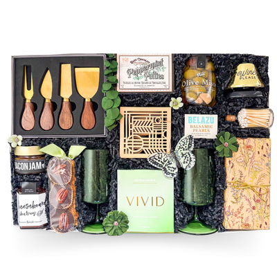 Luxury charcuterie gift box with gourmet foods, serving accessories, and grazing essentials by Black Bow Gift Co.