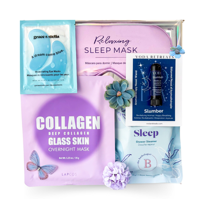 The Art of Rest luxury sleep gift box with silk lavender eye mask, sleep shower steamer, Korean night mask and gourmet treats by Black Bow Gift Co.