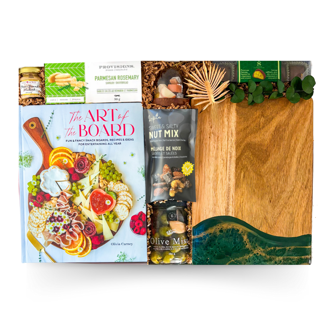Luxury charcuterie gift box with resin board, brie baker, and Art of the Board book by Black Bow Gift Co.
