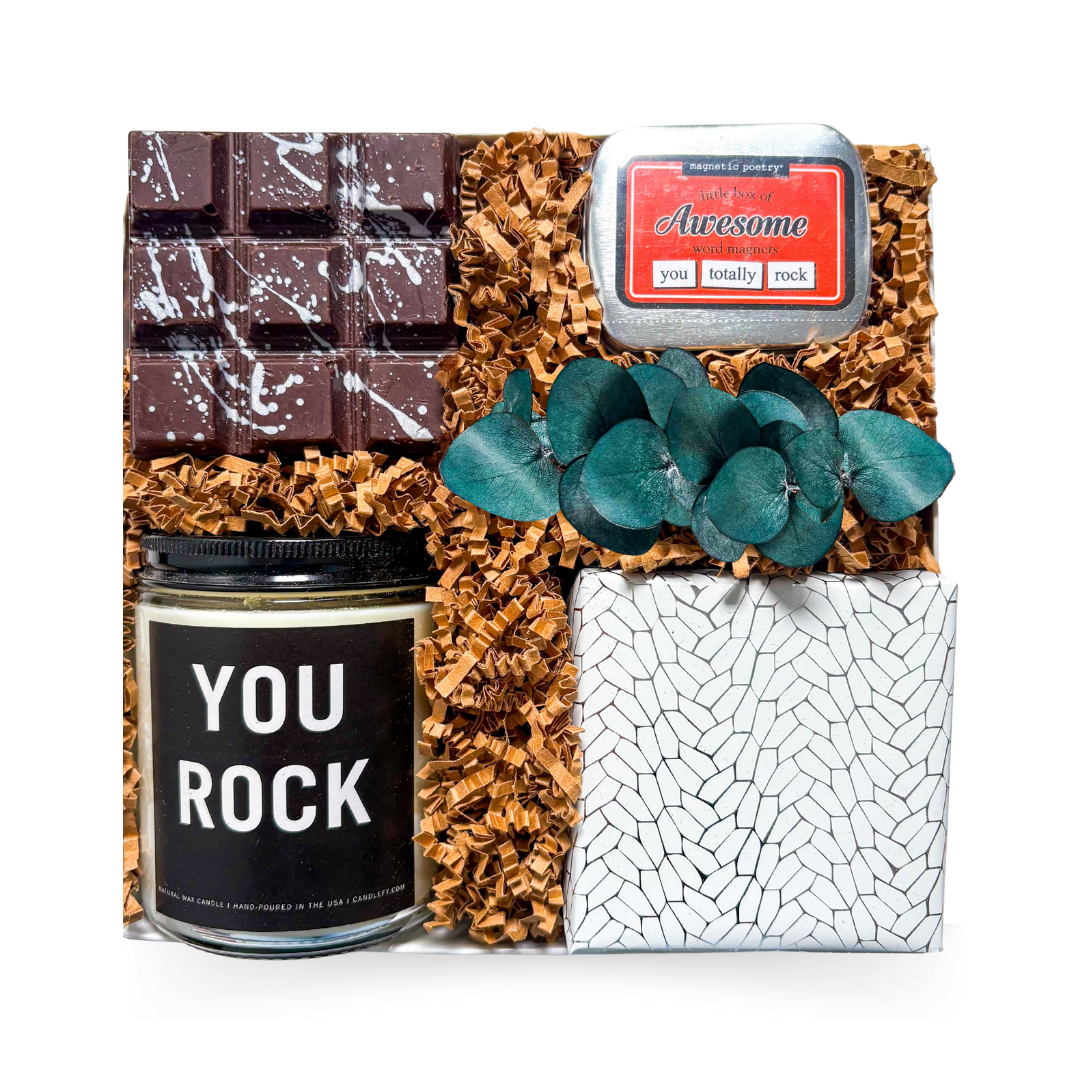 The Awesome Box appreciation gift box in signature small luxury box with You Rock candle, artisan cookies, premium hand-painted chocolate and magnets by Black Bow Gift Co.
