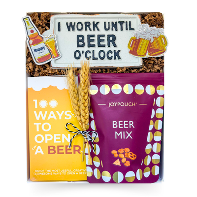 The Beer Break beer-themed gift box with gourmet beer snacks and playful beer accessories by Black Bow Gift Co.
