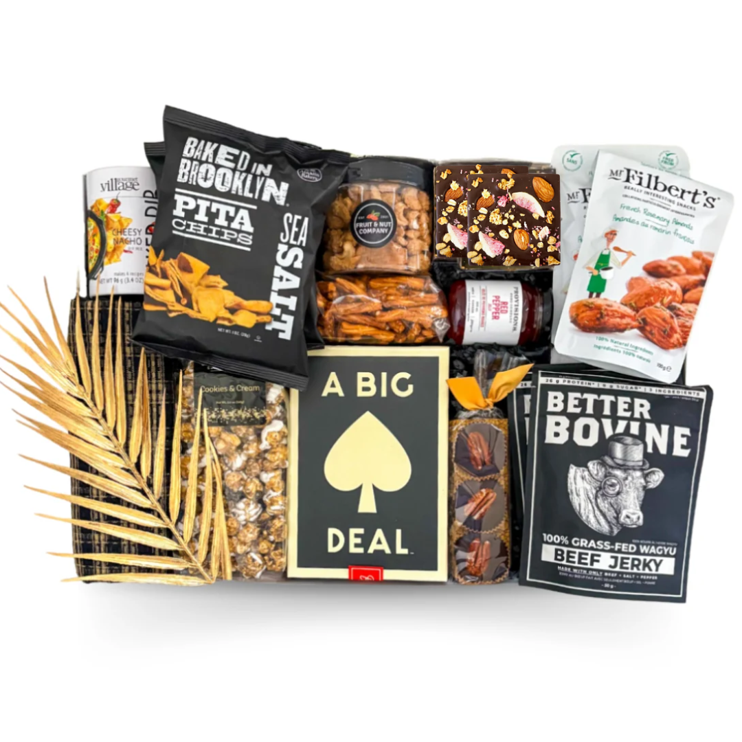 Extra-large luxury gift box featuring gourmet snacks, sweet treats and savoury favourites designed for sharing by Black Bow Gift Co.
