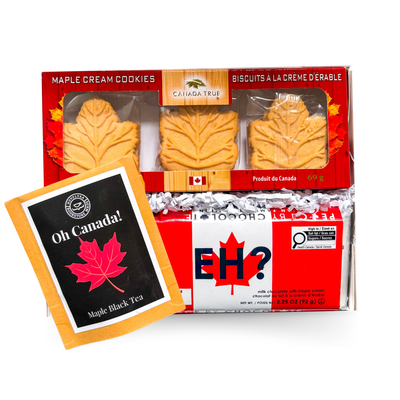 The Canadian Classic Canadian gift box with maple cookies, Canadian tea and Canada Eh chocolate bar by Black Bow Gift Co.