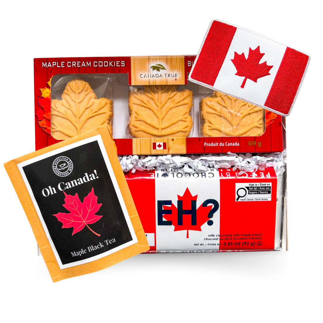 The Canadian Classic Canadian gift box with maple cookies, Canadian tea and Canada Eh chocolate bar by Black Bow Gift Co.
