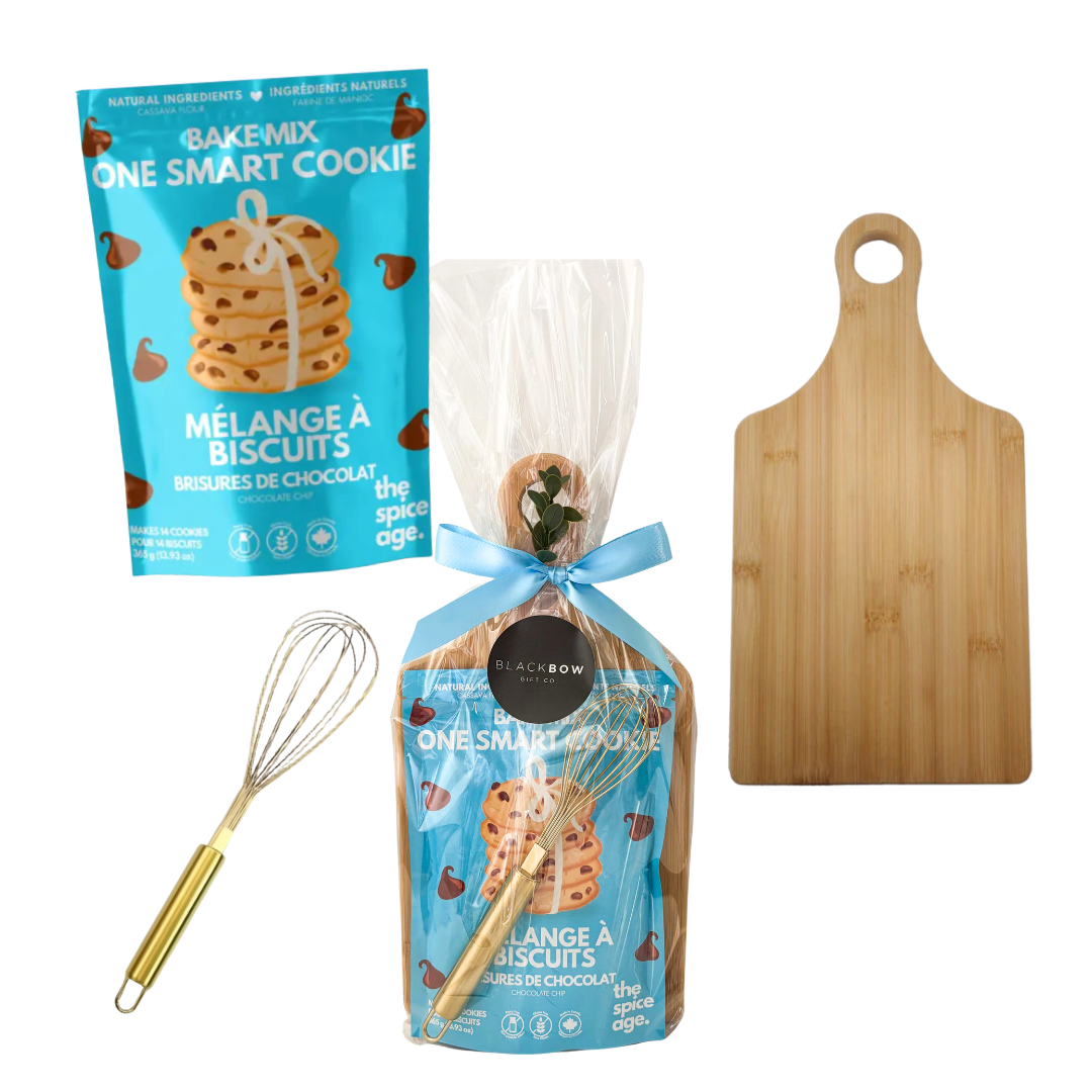 The Clever Cookie gift box featuring a bamboo cutting board, gluten-free chocolate chip cookie mix, and gold whisk, thoughtfully curated for corporate gifting, client appreciation, employee recognition, and all occasions.