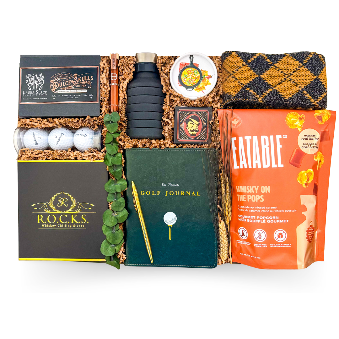 XL luxury executive gift box with cigar kit, whisky accessories, golf journal, gourmet treats, bourbon accents, and premium lifestyle essentials for milestone gifting
