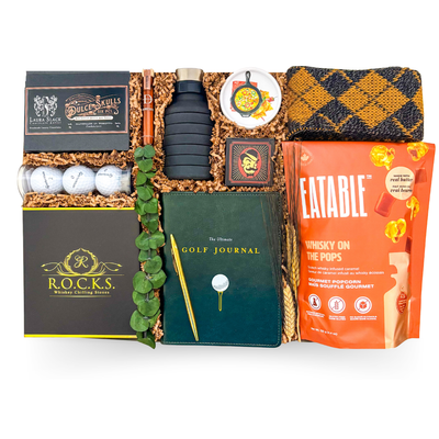 XL luxury executive gift box with cigar kit, whisky accessories, golf journal, gourmet treats, bourbon accents, and premium lifestyle essentials for milestone gifting