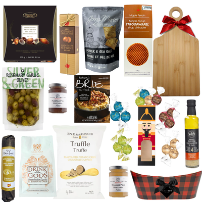 The Festive Spread Christmas gourmet gift basket in red and black buffalo plaid with truffle crisps, crackers, preserves, festive drink mix and chocolates.