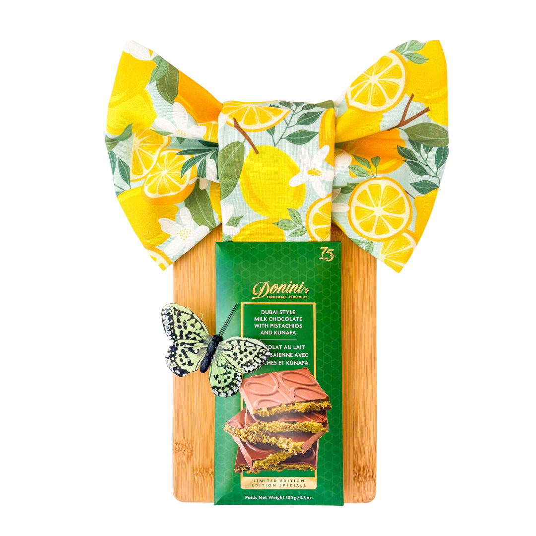The Finishing Touch gift with serving board, bow styled tea towels and premium chocolate by Black Bow Gift Co.
