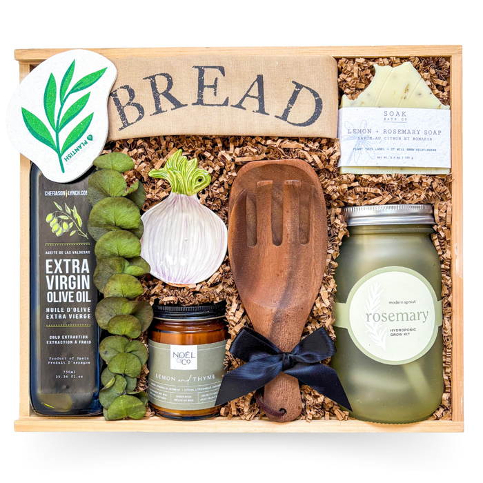 The Gourmet Pantry gourmet food gift box with kitchen essentials in a keepsake wood box by Black Bow Gift Co.

