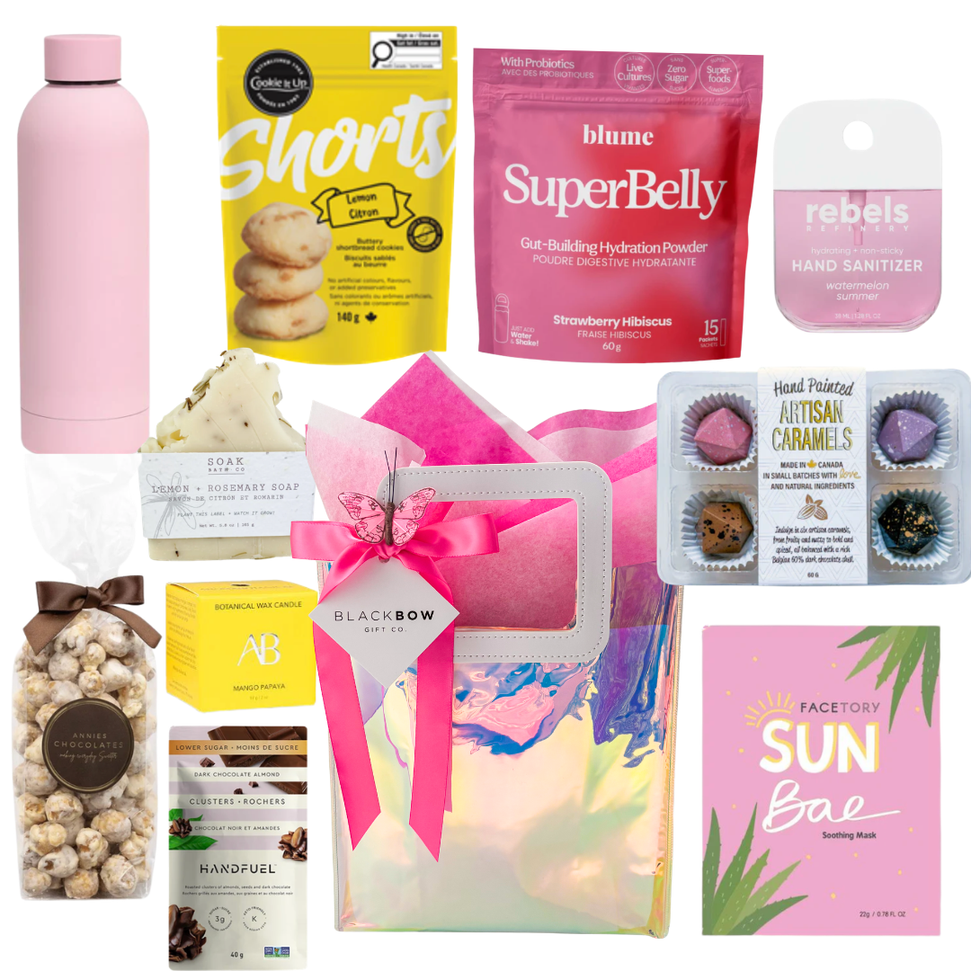The Happy Tote gift with treats, chocolates and self-care items in a holographic tote bag by Black Bow Gift Co.