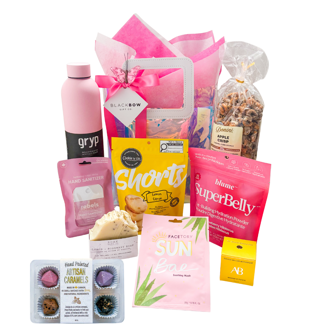 The Happy Tote gift with treats, chocolates and self-care items in a holographic tote bag by Black Bow Gift Co.