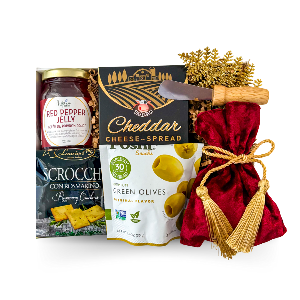 Holiday charcuterie gift box with savoury snacks and burgundy and gold festive packaging by Black Bow Gift Co.

