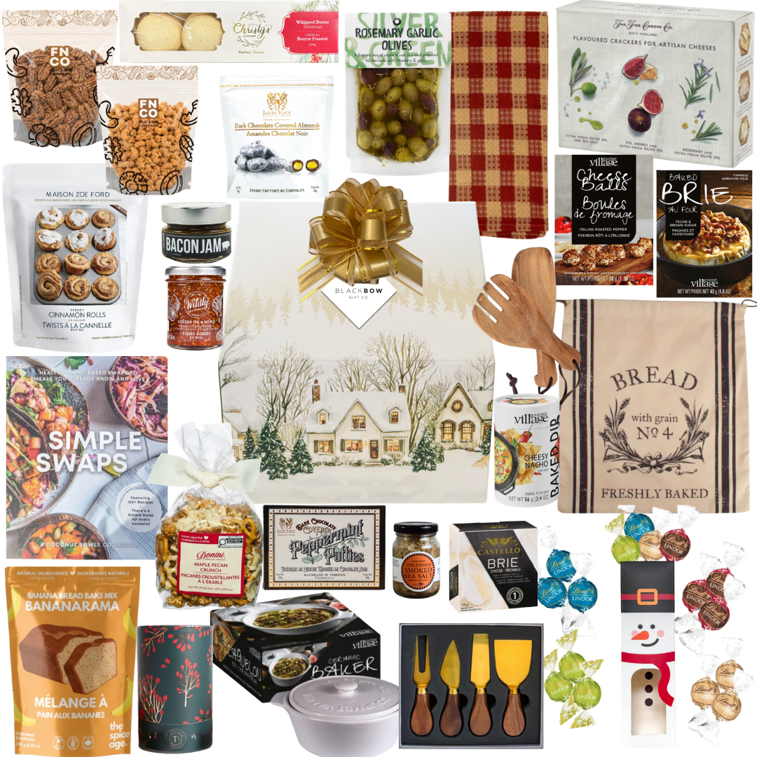 The Holiday Host luxury Christmas gift in elegant winter village keepsake packaging, featuring snowy cottages, festive trees, a gold bow and Black Bow Gift Co. tag.