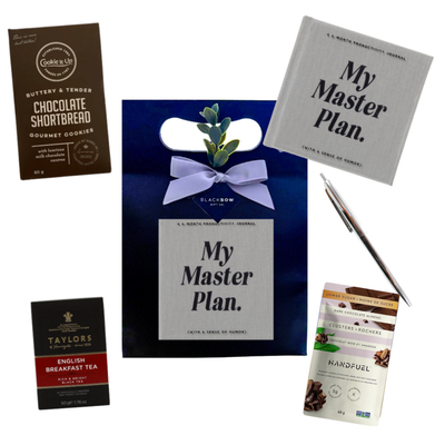 Planning and encouragement gift with journal, pen, tea, clusters and sweet treats, packaged in a modern paper tote bag.