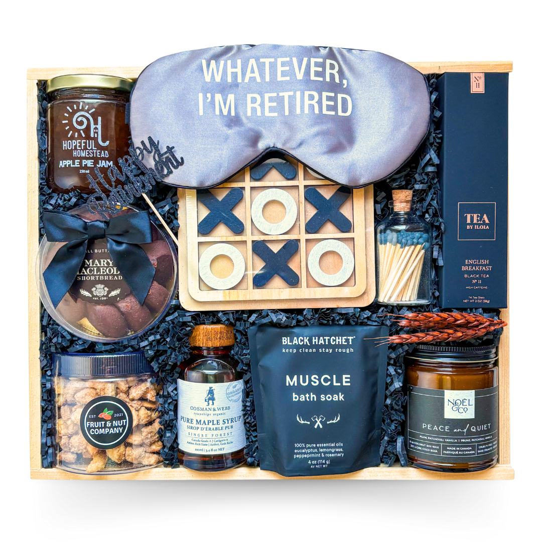  The Next Chapter retirement gift box in a wooden keepsake with premium black filler.