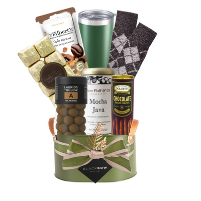 The Perfect Blend luxury coffee gift basket in green metal caddy with insulated tumbler, cozy socks, gourmet coffee, chocolates and treats.