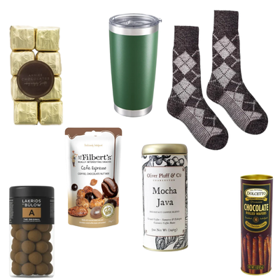 The Perfect Blend luxury coffee gift basket in green metal caddy with insulated tumbler, cozy socks, gourmet coffee, chocolates and treats.