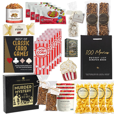 The Perfect Night In movie gift box featuring 100 Movies Bucket List scratch book, gourmet popcorn, chocolates, fudge, candy, movie snacks and festive accents.