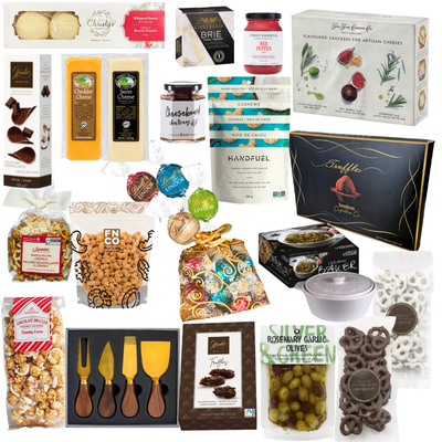 The Season's Best gourmet holiday gift box featuring artisan chocolates, chocolate pretzels, caramel popcorn, gourmet nuts, olives, festive sweets and gold cheese serving utensils.