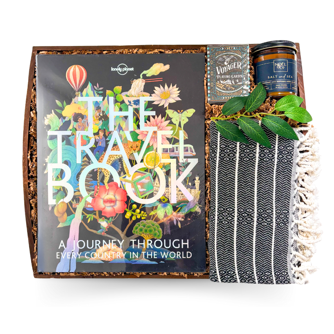 The Travel Collection luxury travel gift with premium world travel book, Theory11 Voyager playing cards, Turkish throw and sea salt candle on wooden serving tray by Black Bow Gift Co.