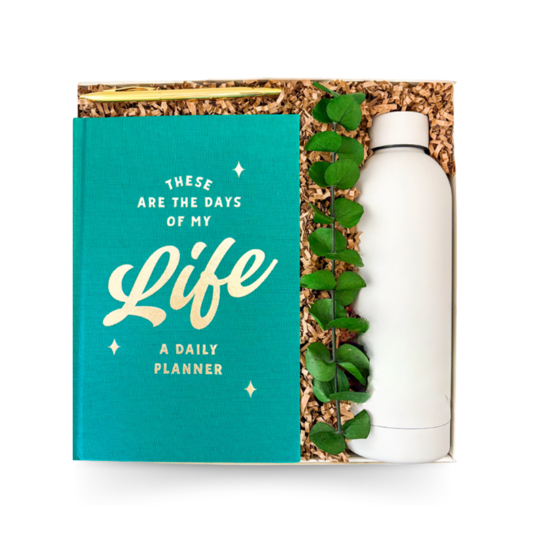 The Good Life gift box with hardcover planner, insulated bottle and gourmet treats by Black Bow Gift Co.
