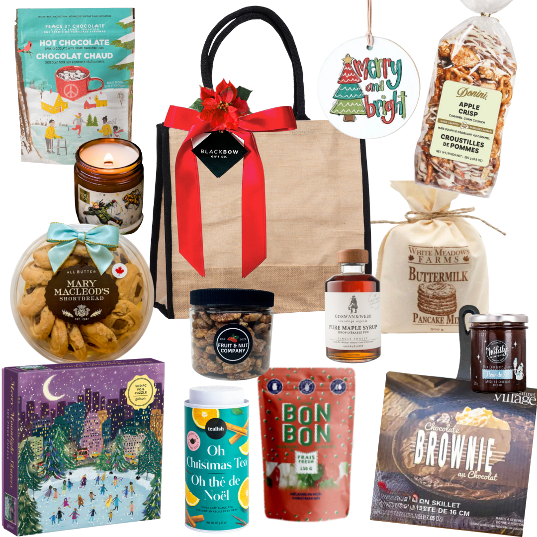 The Holiday Gathering medium jute tote with festive ribbon and gourmet treats for families or friends to enjoy together