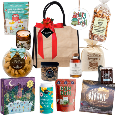 The Holiday Gathering medium jute tote with festive ribbon and gourmet treats for families or friends to enjoy together