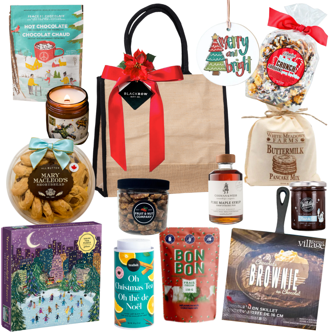 The Holiday Gathering medium jute tote with festive ribbon and gourmet treats for families or friends to enjoy together