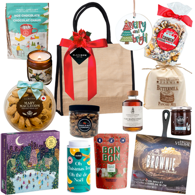 The Holiday Gathering medium jute tote with festive ribbon and gourmet treats for families or friends to enjoy together