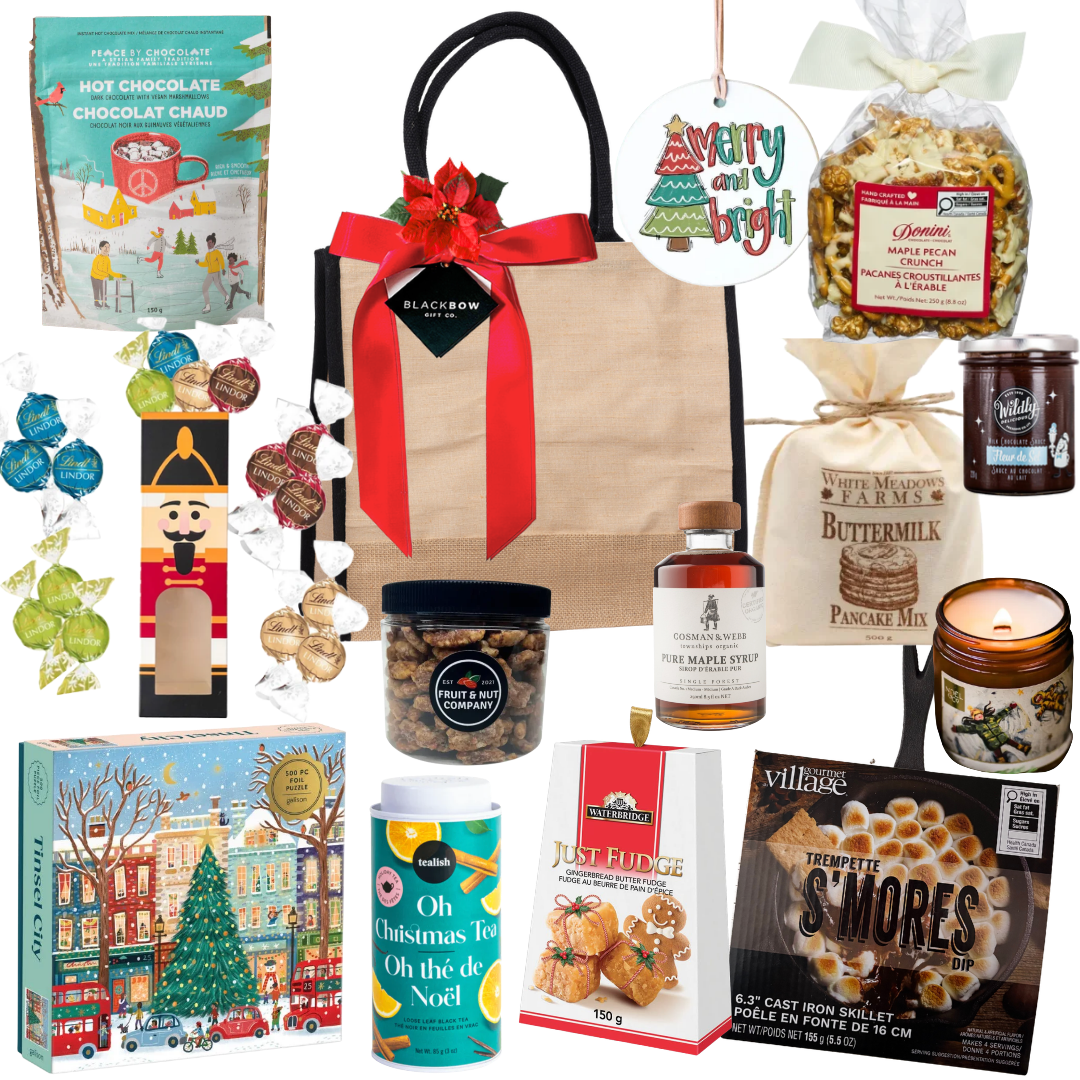 The Holiday Gathering medium jute tote with festive ribbon and gourmet treats for families or friends to enjoy together