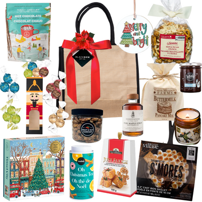 The Holiday Gathering medium jute tote with festive ribbon and gourmet treats for families or friends to enjoy together