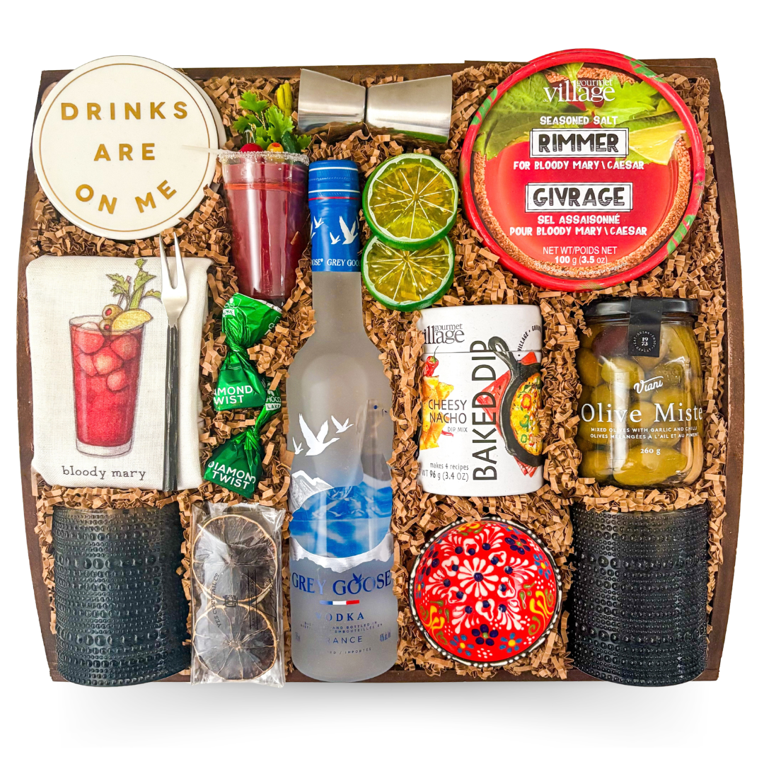 The Perfect Caesar cocktail gift box with vodka, barware and gourmet snacks by Black Bow Gift Co.