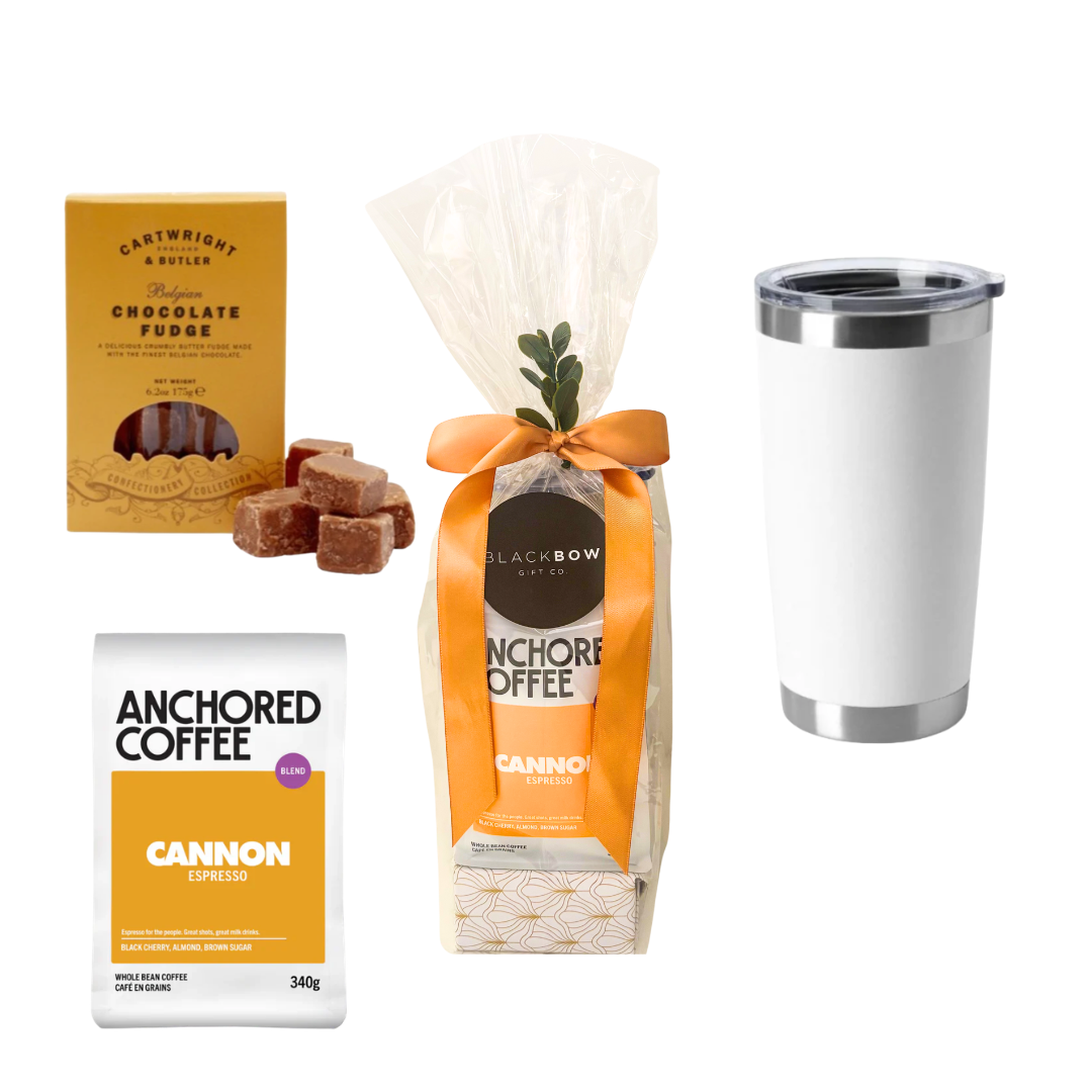 The Coffee Break gift box featuring premium coffee, handcrafted fudge, and a keepsake white tumbler, thoughtfully curated for corporate gifting, employee appreciation, client gifts, and everyday celebrations.